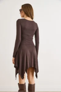 Olalook Women's Brown V-neck Gather Detailed Asymmetrical Wool Viscose Dress - Image 5