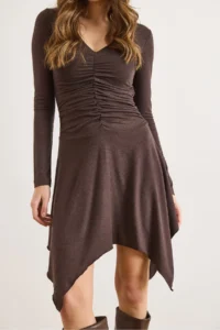 Olalook Women's Brown V-neck Gather Detailed Asymmetrical Wool Viscose Dress - Image 6