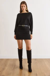 Olalook Women's Black Bat Belt Soft Textured Mini Dress - Image 2