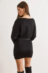 Olalook Women's Black Bat Belt Soft Textured Mini Dress - Image 3