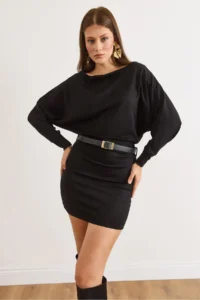 Olalook Women's Black Bat Belt Soft Textured Mini Dress - Image 4