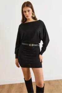 Olalook Women's Black Bat Belt Soft Textured Mini Dress - Image 5