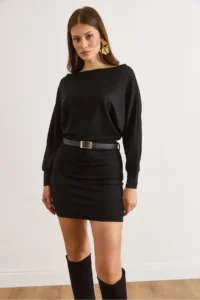 Olalook Women's Black Bat Belt Soft Textured Mini Dress - Image 6