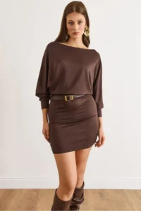 Olalook Women's Brown Bat Belt Soft Textured Mini Dress