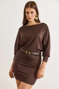 Olalook Women's Brown Bat Belt Soft Textured Mini Dress - Image 2