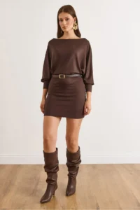Olalook Women's Brown Bat Belt Soft Textured Mini Dress - Image 3