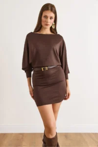 Olalook Women's Brown Bat Belt Soft Textured Mini Dress - Image 4