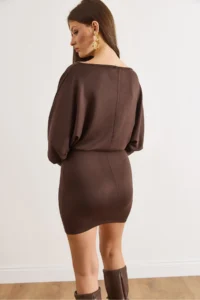 Olalook Women's Brown Bat Belt Soft Textured Mini Dress - Image 5