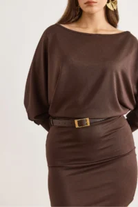 Olalook Women's Brown Bat Belt Soft Textured Mini Dress - Image 6