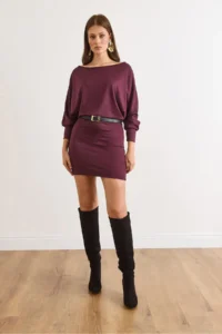 Olalook Women's Plum Bat Belted Soft Textured Mini Dress - Image 2