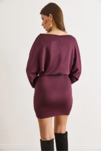 Olalook Women's Plum Bat Belted Soft Textured Mini Dress - Image 3