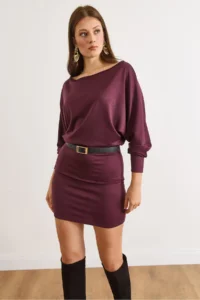 Olalook Women's Plum Bat Belted Soft Textured Mini Dress - Image 4