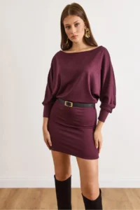 Olalook Women's Plum Bat Belted Soft Textured Mini Dress - Image 5