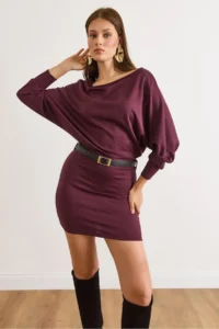 Olalook Women's Plum Bat Belted Soft Textured Mini Dress - Image 6