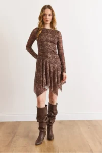 Olalook Women's Brown Shawl Pattern Asymmetrical Lined Tulle Dress - Image 2
