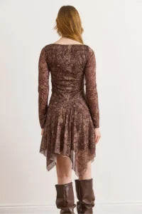 Olalook Women's Brown Shawl Pattern Asymmetrical Lined Tulle Dress - Image 3