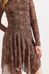 Olalook Women's Brown Shawl Pattern Asymmetrical Lined Tulle Dress - Image 4