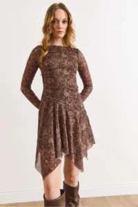 Olalook Women's Brown Shawl Pattern Asymmetrical Lined Tulle Dress - Image 5