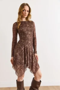 Olalook Women's Brown Shawl Pattern Asymmetrical Lined Tulle Dress - Image 6