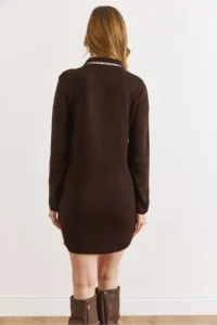 Olalook Women's Brown Scarf Detailed Polo Neck Mini Knitwear Dress - Image 3