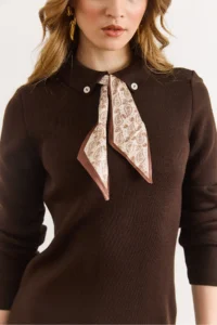 Olalook Women's Brown Scarf Detailed Polo Neck Mini Knitwear Dress - Image 4