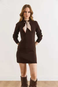 Olalook Women's Brown Scarf Detailed Polo Neck Mini Knitwear Dress - Image 6