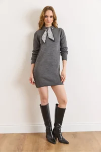 Olalook Women's Smoked Scarf Detailed Polo Neck Mini Knitwear Dress - Image 2