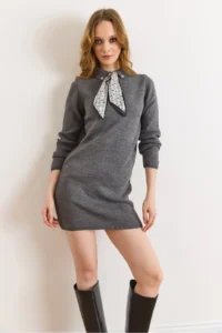 Olalook Women's Smoked Scarf Detailed Polo Neck Mini Knitwear Dress - Image 3