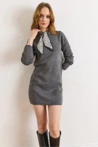 Olalook Women's Smoked Scarf Detailed Polo Neck Mini Knitwear Dress - Image 6
