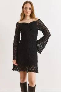 Olalook Women's Black Lined Flexible Mini Lace Dress