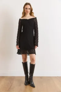 Olalook Women's Black Lined Flexible Mini Lace Dress - Image 2