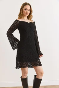 Olalook Women's Black Lined Flexible Mini Lace Dress - Image 6