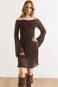 Olalook Women's Bitter Brown Lined Flexible Mini Lace Dress