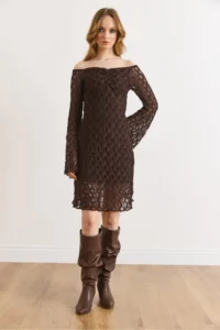 Olalook Women's Bitter Brown Lined Flexible Mini Lace Dress - Image 2