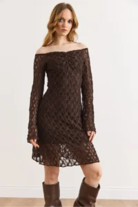 Olalook Women's Bitter Brown Lined Flexible Mini Lace Dress - Image 3