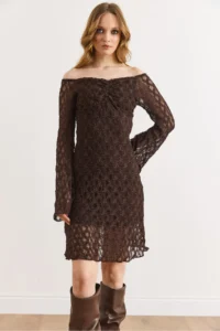 Olalook Women's Bitter Brown Lined Flexible Mini Lace Dress - Image 4
