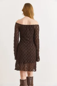 Olalook Women's Bitter Brown Lined Flexible Mini Lace Dress - Image 5