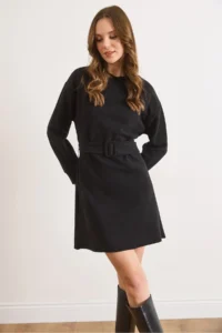 Olalook Women's Black Collar Cuff Detailed Belted Mini Thessaloniki Dress