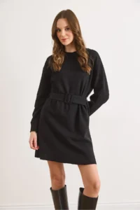 Olalook Women's Black Collar Cuff Detailed Belted Mini Thessaloniki Dress - Image 3