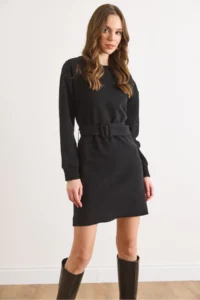 Olalook Women's Black Collar Cuff Detailed Belted Mini Thessaloniki Dress - Image 4