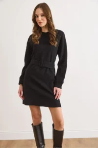 Olalook Women's Black Collar Cuff Detailed Belted Mini Thessaloniki Dress - Image 5