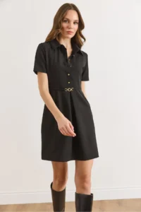 Olalook Women's Black Half-Length Buttoned Belted Mini Flared Dress