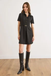 Olalook Women's Black Half-Length Buttoned Belted Mini Flared Dress - Image 2