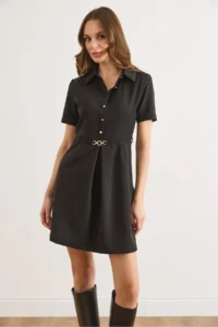 Olalook Women's Black Half-Length Buttoned Belted Mini Flared Dress - Image 3