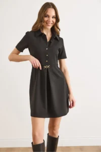 Olalook Women's Black Half-Length Buttoned Belted Mini Flared Dress - Image 4
