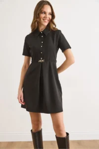 Olalook Women's Black Half-Length Buttoned Belted Mini Flared Dress - Image 5