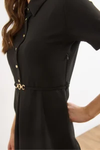 Olalook Women's Black Half-Length Buttoned Belted Mini Flared Dress - Image 6