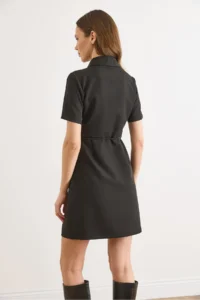 Olalook Women's Black Half-Length Buttoned Belted Mini Flared Dress - Image 7