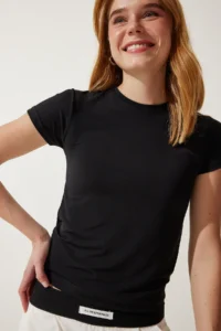 Happiness İstanbul Women's Black Crew Neck Basic Sandy T-Shirt - Image 2