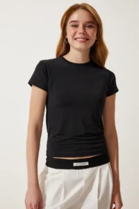 Happiness İstanbul Women's Black Crew Neck Basic Sandy T-Shirt - Image 3